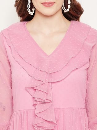 V-Neck Regular Sleeves Tiered Midi A-Line Dress