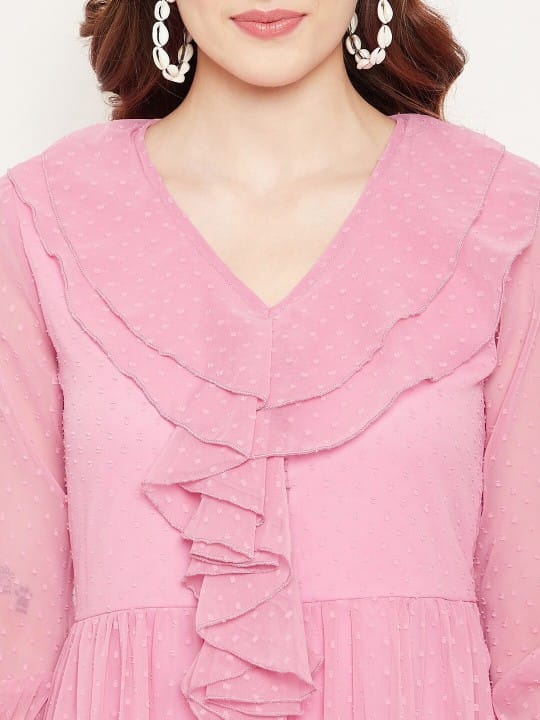 V-Neck Regular Sleeves Tiered Midi A-Line Dress