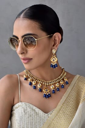 Anura Blue Kundan Necklace Set-Kundan
