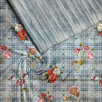 Floral on checks Satin Linen Unstitched Suit Set