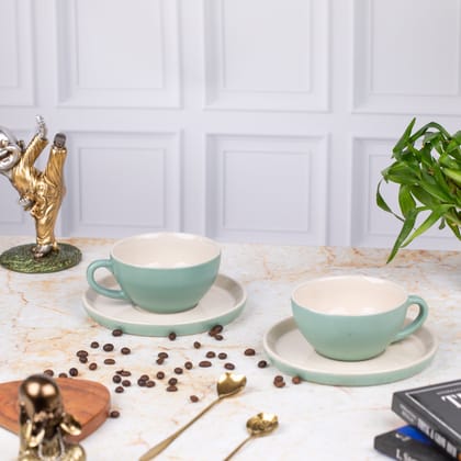 Ceramic Elite Coffee Cups Soup Bowls with Saucer (Set of 2) | Unique Broad Mugs with Handle for Coffee, Soup| Pastel Green | H-2.5" W-5.5"
