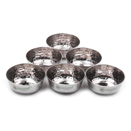 coconut Stainless Steel Hammered Bowl/Vati/Katori- Set of 6- Capacity 120 ml Each
