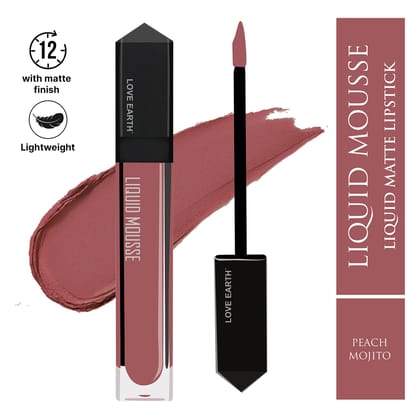 Love Earth Liquid Mousse Lipstick - Peach Mojito Matte Finish | Lightweight, Non-Sticky, Non-Drying,Transferproof, Waterproof | Lasts Up to 12 hours with Vitamin E and Jojoba Oil - 6ml