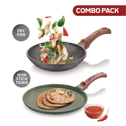Echt Die cast Aluminium Non Stick Combo Set of 2 (24 cm Frying Pan and 28cm Dosa Tawa), Granite Finish, Soft Touch Handle, idle for sauté,Frying,dosa and rotis vegies and Omelettes, Green & Grey