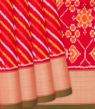 Red Handloom Pochampally Ikat Saree With Stripes-Red-Red