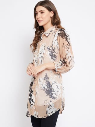 Floral Printed Shirt Collar Tunic