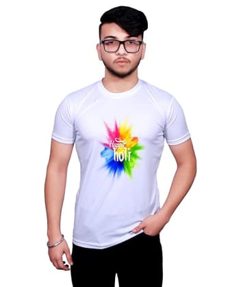 NITYANAND CREATIONS Round Neck White Holi T-Shirt for MEN-HOLI-T-SHIRT-11534-M