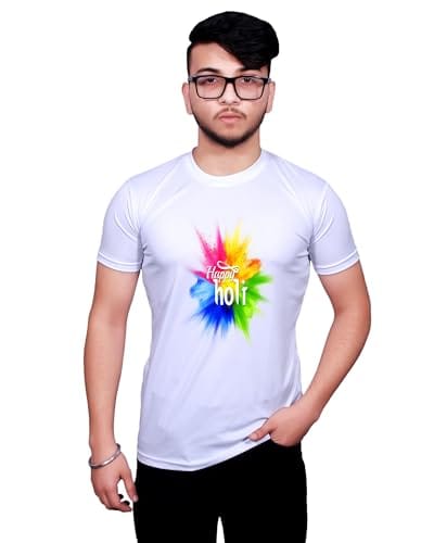 NITYANAND CREATIONS Round Neck White Holi T-Shirt for MEN-HOLI-T-SHIRT-11534-M