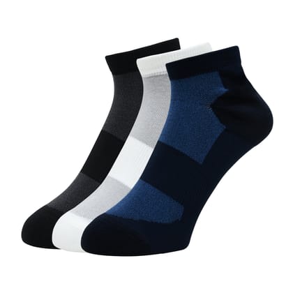 Balenzia Athletic Collection Cushioned High Ankle sports socks for Men with Breathable Mesh Knit (Free Size) (Pack of 3 Pairs/ 1U) (Black, Navy, White).-Stretchable from 25 cm to 33 cm / 3N