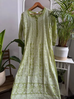 Chikankari Resham Jaal Kurti - Green-Green / Semi Georgette / S