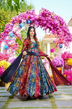 Muslin Digital Print Flair work Kurti Dupatta Set-M(38)