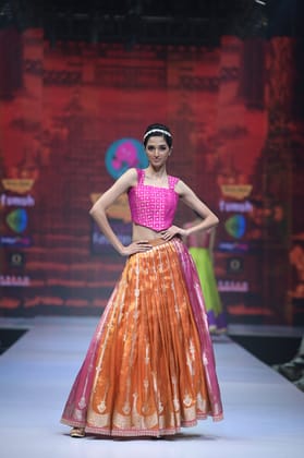 Pink & Orange pleated Tissue Lehenga-S