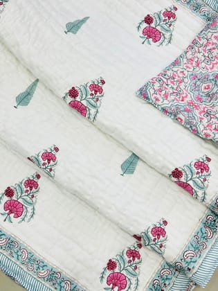 Pink Guldasta Hand-block Printed Double Bed Reversible Quilt | Double Bed Mul-Cotton Hand Quilted Razai 7.5 feetx9feet | Jaipuri Quilt| Mulmul Blanket