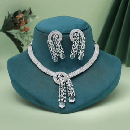 Silver Color American Diamond Necklaces Set (CZN1049SLV)-Adjustable Chain / Silver / Brass With Good Quality Silver Plated