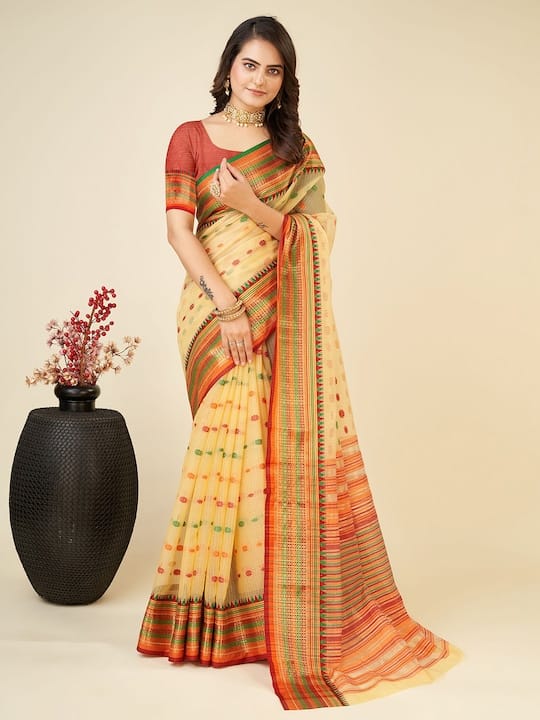 Ethnic Motifs Woven Design Zari Chanderi Saree
