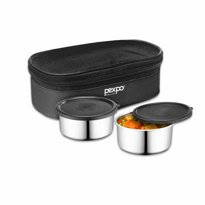 PEXPO Stainless Steel Lunch Box with 2 Leakproof Air-Tight Stainless Steel Round Containers and Cover Bag (Black), Nano | Stainless Steel & Spill Proof