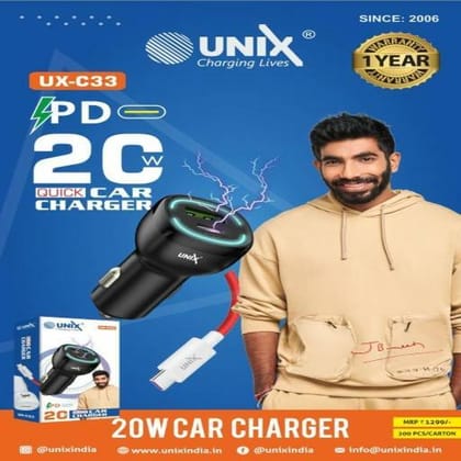 Unix UX-C33 20W PD Car charger With Type-c To Type-c Cable
