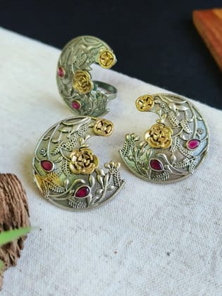 Half Moon Floral Dual Tone Earrings & Adjustable Ring Combo | Sarichka-Red