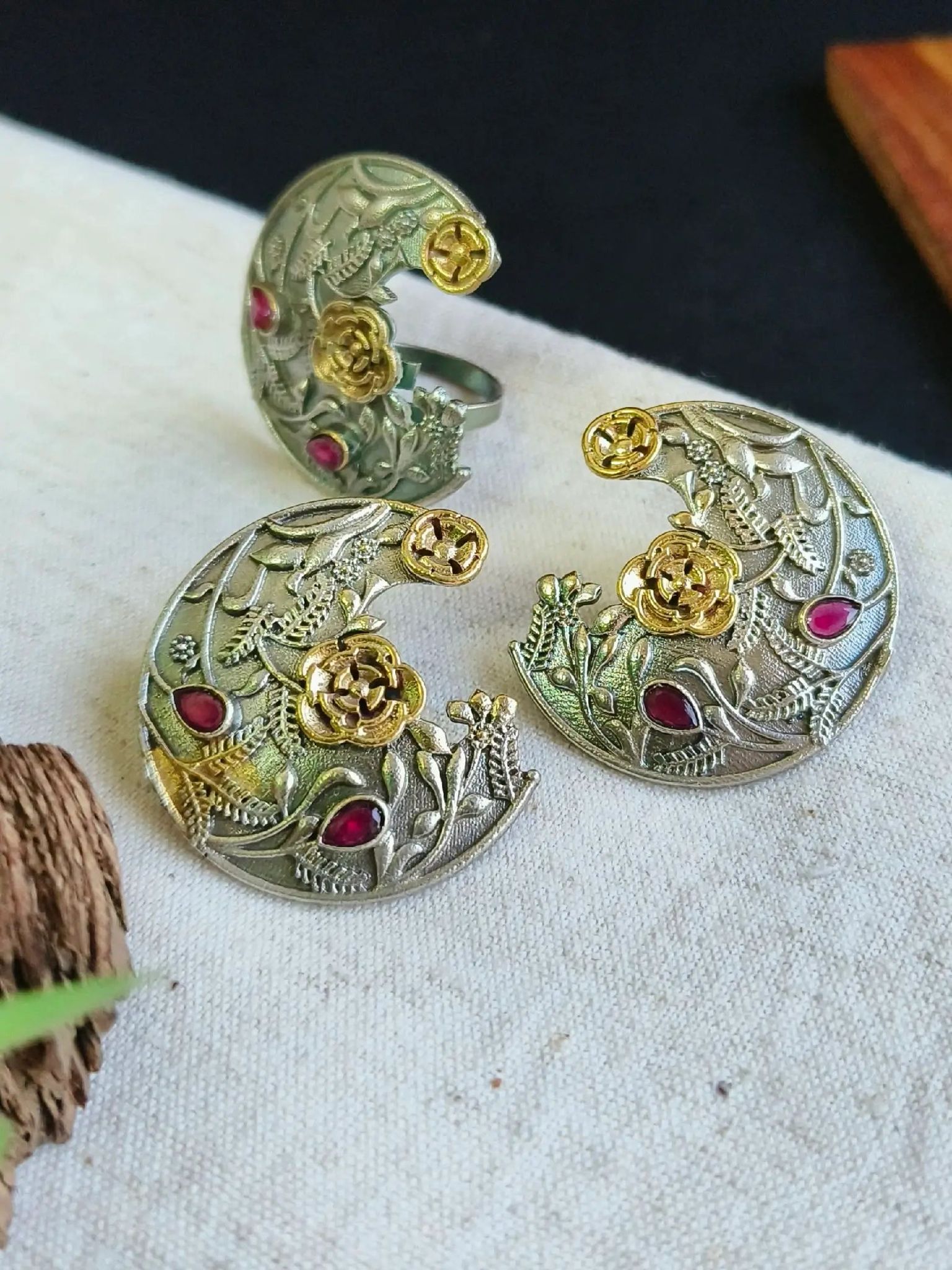 Half Moon Floral Dual Tone Earrings & Adjustable Ring Combo | Sarichka-Red