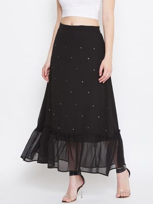 Women Black & Silver-Coloured Embellished Flared Maxi Skirt