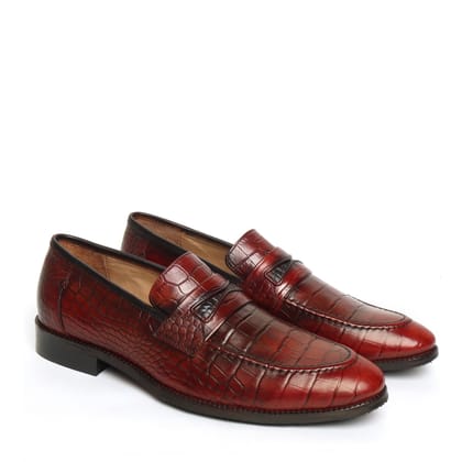Wine Croco Print Leather Mod Look Loafers by Brune & Bareskin-40/6
