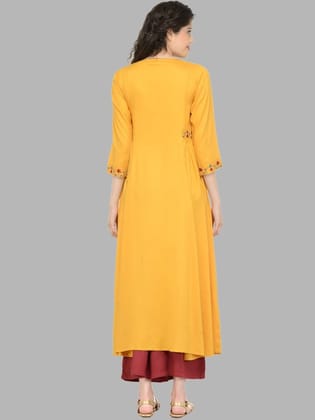 Women Mustard Yellow & Red Floral Yoke Design Thread Work Anarkali Kurta