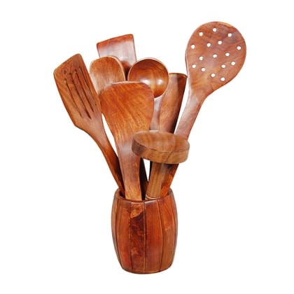 ADORN WORLD Wooden Cooking Spoon Set (7 Spoon with Masher) & Stand | Non Stick Kitchen Utensil | Serving Tongs | Kitchen Tool Set | Sheesham Wood Brown (Round)