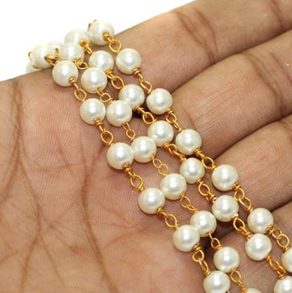 6mm Acrylic Pearl Beaded Aati Chain in Long Lasting Brass Wire-Golden / 6mm / 5 Meters
