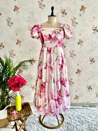 Bougainvillea on satin georgette frock-2XS