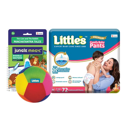 Little's Play Time Combo (Little's Comfy Baby Pants, Medium | Super Jumbo Diaper Pack of 1 I Little's Soft baby Ball I Toys for Babies I Jungle Magic Doodle Waterz Lion and Rabbit, Reusable Child