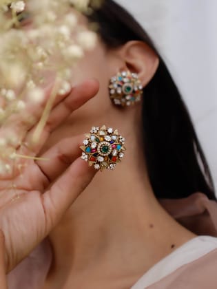 Oriana Navrattan Antique Kundan Studs-Multicolored