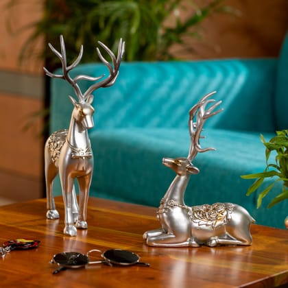 Silver Deer Pair with Gold Carvings |Regal Elegance Statue|Home Decor