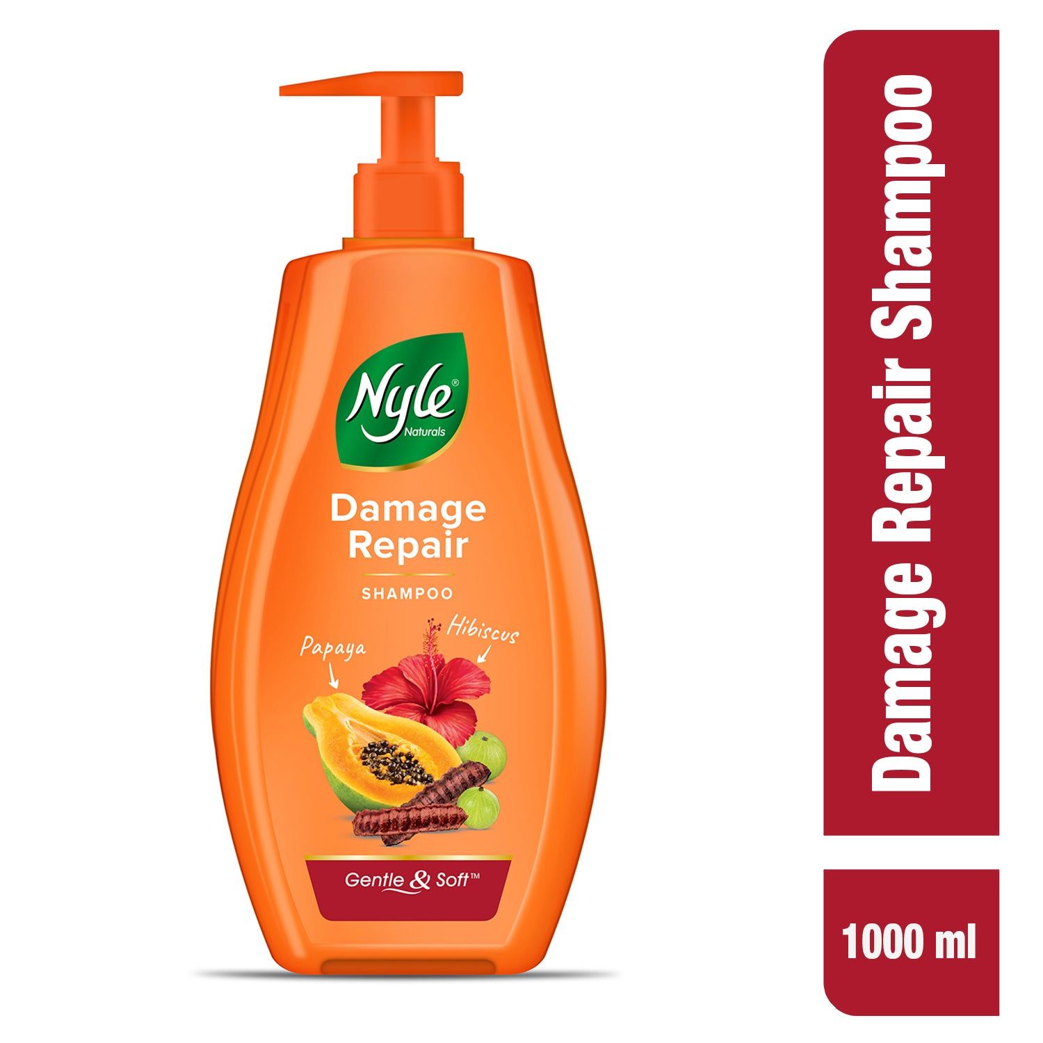 Nyle Naturals Damage Repair Shampoo 1L | Hair Repair Shampoo | With Papaya, Hibiscus and Shikakai | Gentle & Soft Formulation For Men & Women