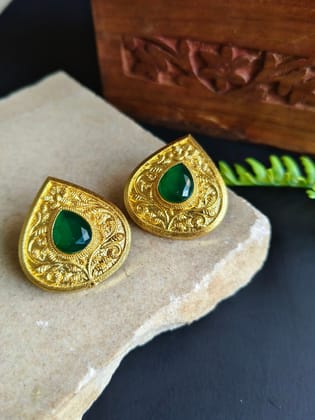 Gold Plated Leaf Design Earrings with Monalisa Stones | Sarichka-Green