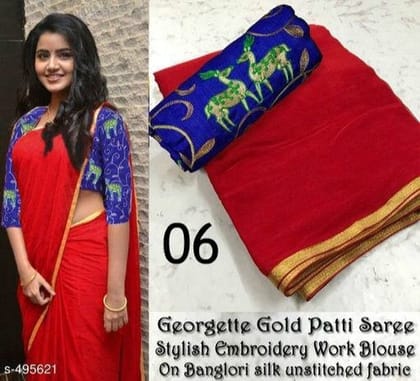 Beautiful Red color Georgette Gold Patti Embroidered Sari MS-22 Red