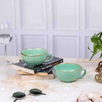 Ceramic Elite Coffee Cups Soup Bowls (Set of 2) | Unique Broad Mugs with Handle for Coffee, Soup| Pastel Green | H-2.5" W-5.5"
