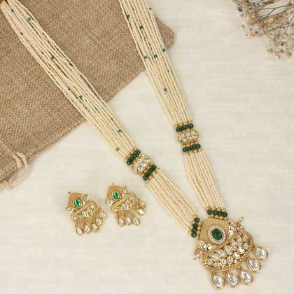 Beaded Pearls Emerald Long Necklace Set - SIA421508