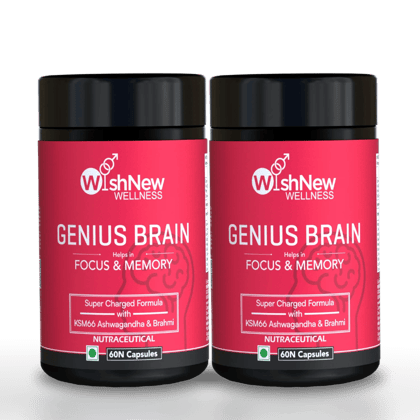 WishNew Wellness Genius Brain Booster - Advanced Nootropic for Enhanced Focus, Memory & Concentration | 60 Veg Capsules | With Mucuna, Brahmi & Ginkgo Biloba | Natural Supplement for Cognitive Su