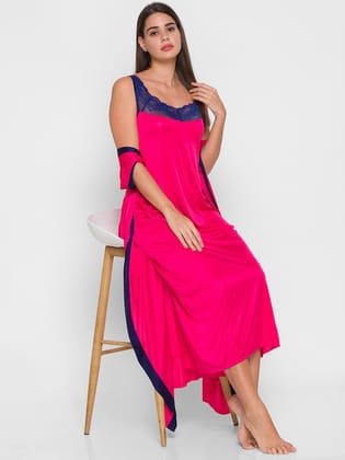 Women Pink & Blue Solid Night Dress With Robe
