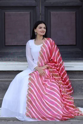 Leheriya Print Organza Pink Color Dupatta With White Gown-S