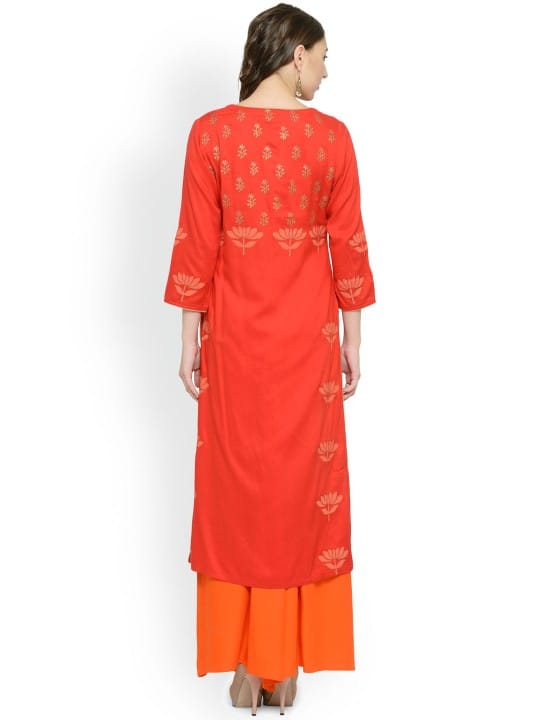 Women Red Block Print Straight Kurta