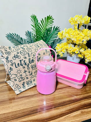 Morning Meal Bento (100% Leak proof) & Workout Buddy Sports Bottle 1000ML - Free Jute Bag (Combo)-Without Personalised Name Engraving / Pink with Pink Bottle