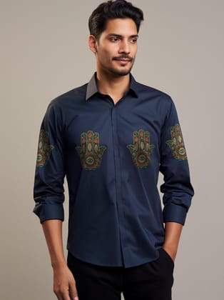Navy Ethnic Motifs Printed Casual Shirt-NAVY / S