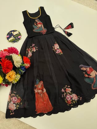Glamorous Soft Chinon Fabric Lehengha With Top-Black / 1 Year