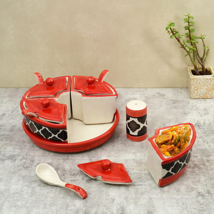 IKrafties Handmade Ceramic Pickle Jar Set with Tray(Set of 6)