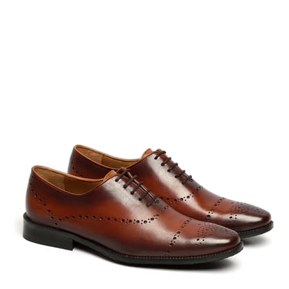BROWN FULL BROGUE PUNCH LEATHER OXFORD SHOES BY BRUNE & BARESKIN-40/6
