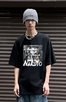 Oversized Naruto Tee: Black, Loose Fit, Anime Graphic-Black / S