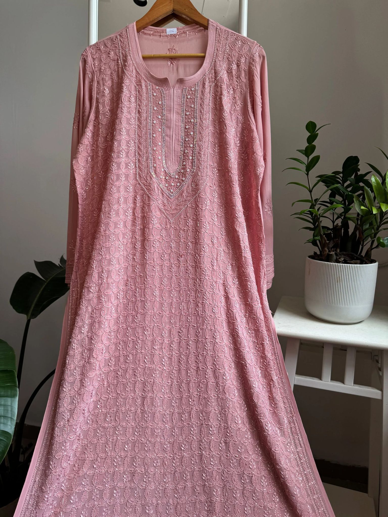 Viscose Chikankari Kurti with Pearl  Work - Rosewood Pink-Rosewood Pink / Viscose / 2XL