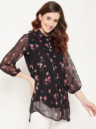 Floral Printed Shirt Collar Tunic