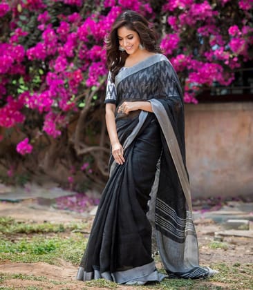 Alluring Grey & Black Colored Printed Cotton Silk Sari - J-323